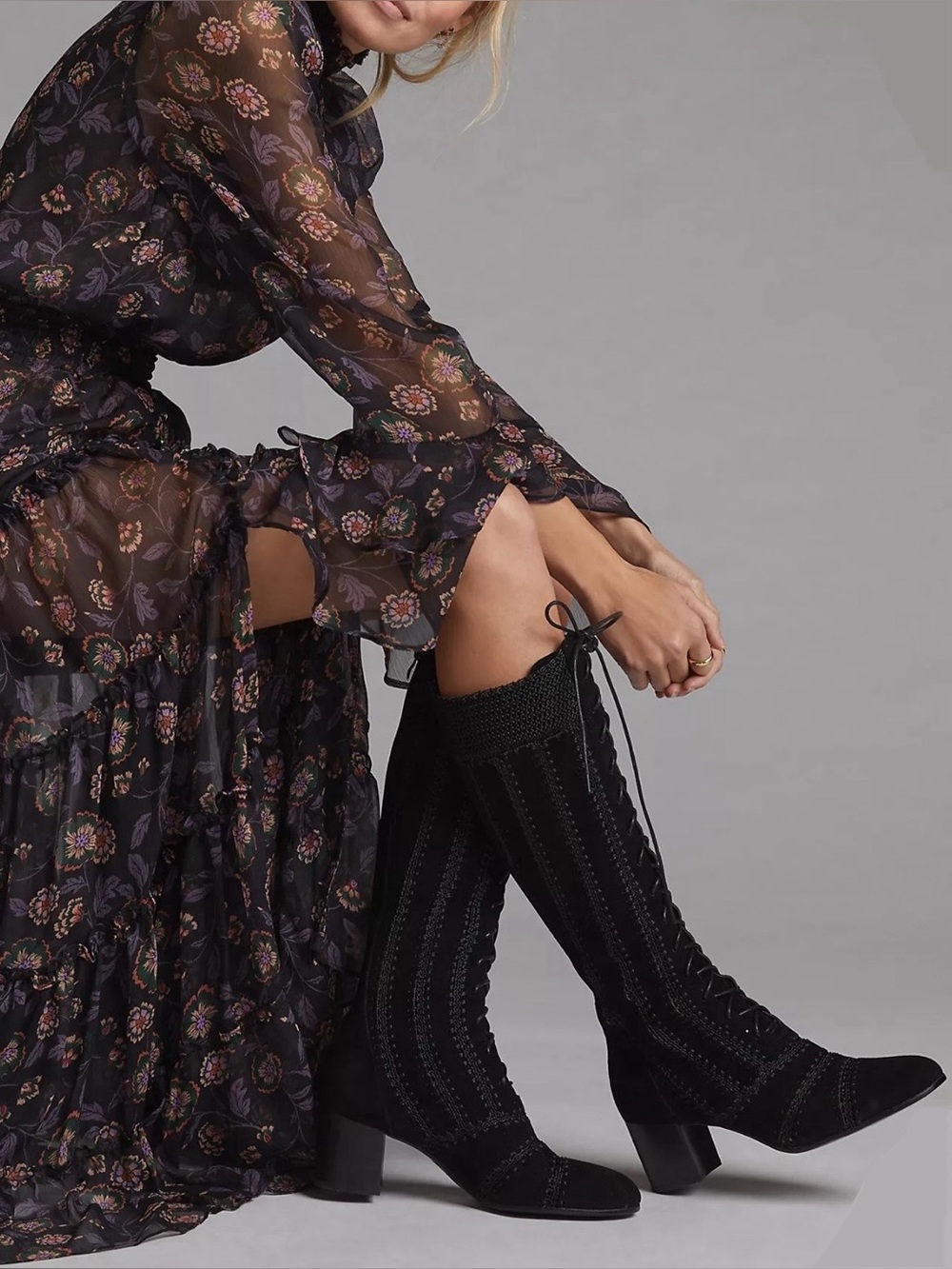 Free People Silent D Brown Suede Macrame Knee High Lace Up Boots Size 41